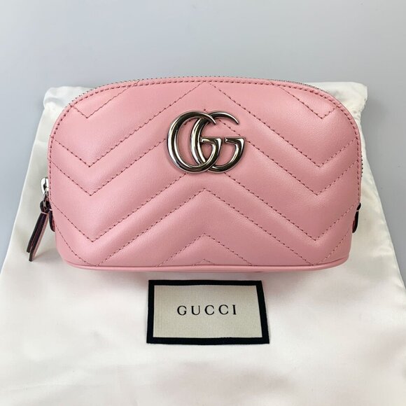 NWT Gucci GG Marmont Cosmetic Pouch in Pink Quilted Chevron Leather - Picture 10 of 11
